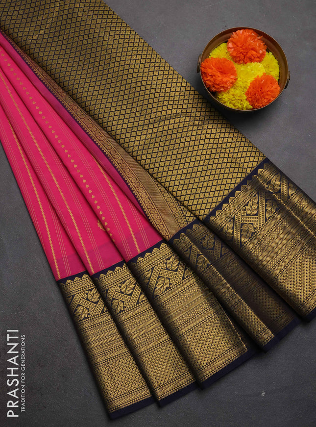 Semi kanchipuram silk saree pink and navy blue with allover zari weaves & buttas and long zari woven korvai border