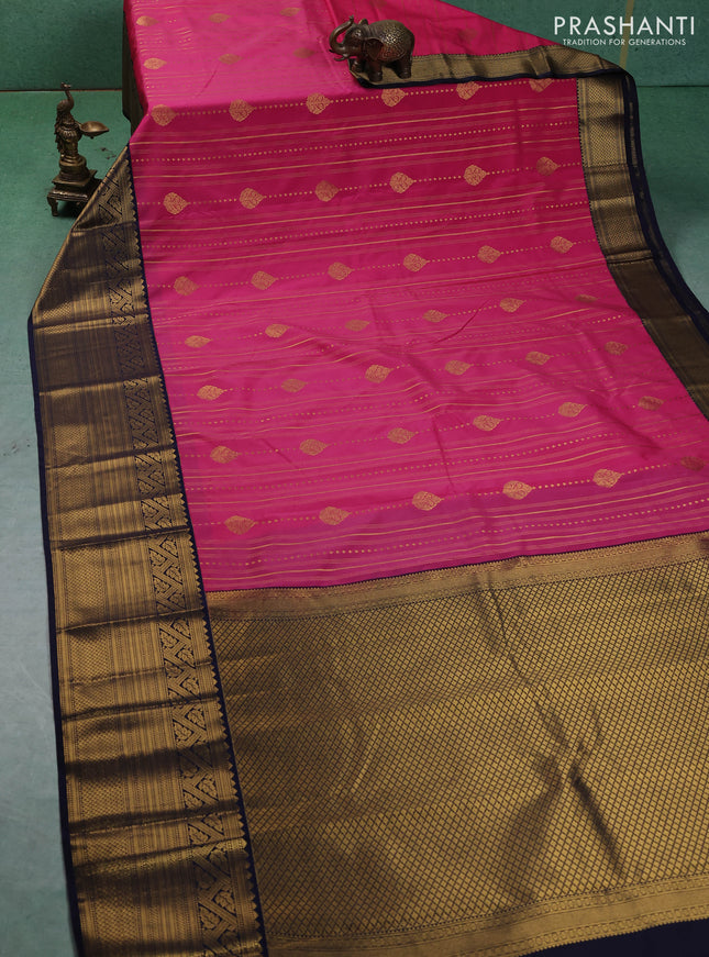 Semi kanchipuram silk saree pink and navy blue with allover zari weaves & buttas and long zari woven korvai border