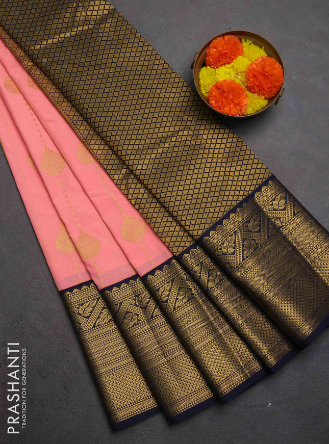 Semi kanchipuram silk saree peach pink and navy blue with allover zari weaves & buttas and long zari woven korvai border