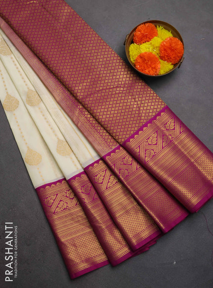 Semi kanchipuram silk saree cream and purple with allover zari weaves & buttas and long zari woven korvai border