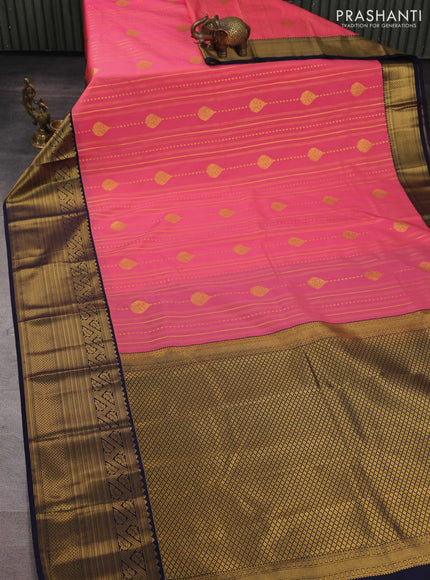 Semi kanchipuram silk saree peach pink and navy blue with allover zari weaves & buttas and long zari woven korvai border