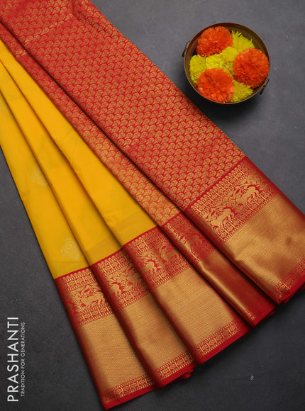 Semi kanchipuram silk saree yellow and red with zari woven buttas and long zari woven border