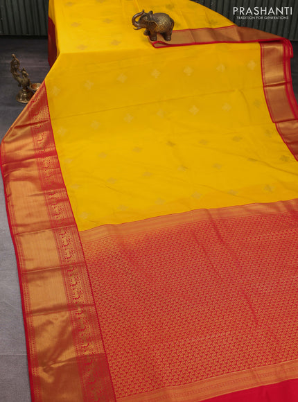 Semi kanchipuram silk saree yellow and red with zari woven buttas and long zari woven border