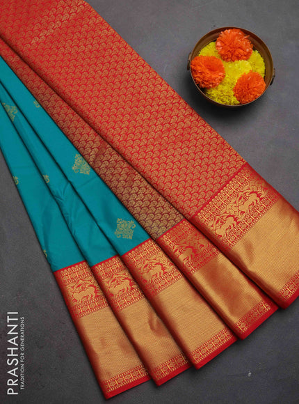 Semi kanchipuram silk saree teal green and red with zari woven buttas and long zari woven border