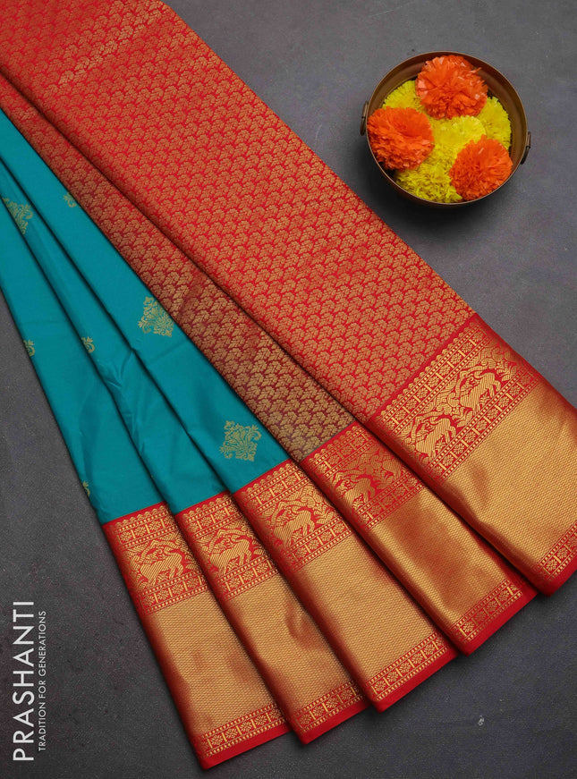Semi kanchipuram silk saree teal green and red with zari woven buttas and long zari woven border