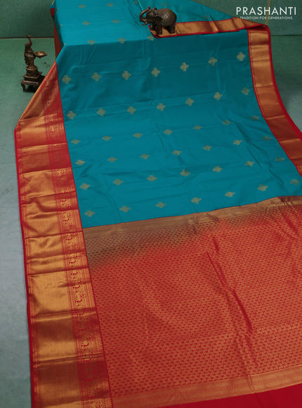 Semi kanchipuram silk saree teal green and red with zari woven buttas and long zari woven border