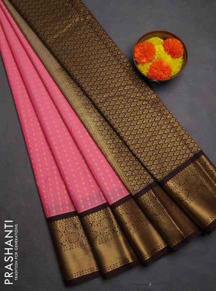 Semi kanchipuram silk saree pink and coffee brown with allover checks & zari woven buttas and zari woven border