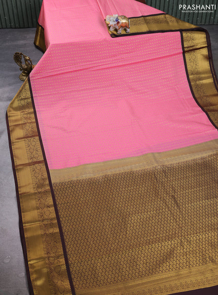 Semi kanchipuram silk saree pink and coffee brown with allover checks & zari woven buttas and zari woven border