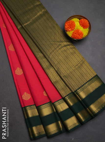 Semi kanchipuram silk saree tomato pink and bottle green with zari woven buttas and rettapet zari woven border
