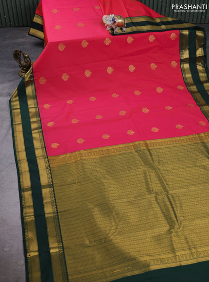 Semi kanchipuram silk saree tomato pink and bottle green with zari woven buttas and rettapet zari woven border