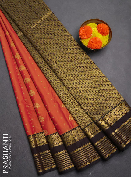 Semi kanchipuram silk saree dual shade of pinkish yellow and coffee brown with allover zari woven buttas and zari woven korvai border