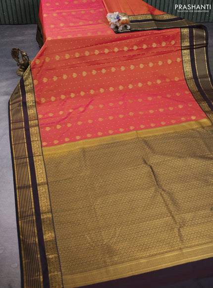 Semi kanchipuram silk saree dual shade of pinkish yellow and coffee brown with allover zari woven buttas and zari woven korvai border
