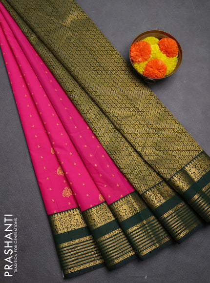 Semi kanchipuram silk saree pink and bottle green with allover zari woven buttas and zari woven korvai border