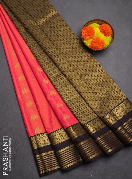 Semi kanchipuram silk saree dual shade of pink and coffee brown with allover zari woven buttas and zari woven korvai border