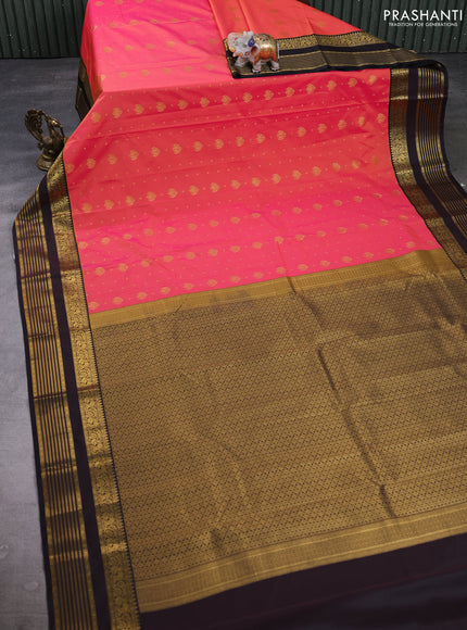 Semi kanchipuram silk saree dual shade of pink and coffee brown with allover zari woven buttas and zari woven korvai border