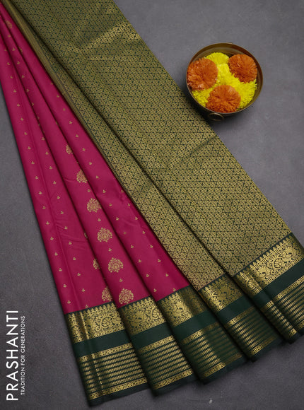 Semi kanchipuram silk saree tomato pink and bottle green with allover zari woven buttas and zari woven korvai border