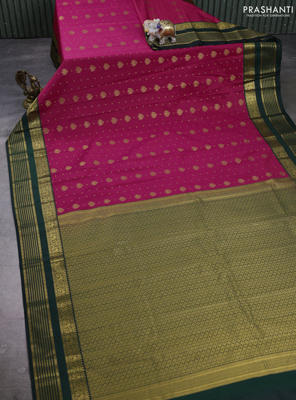 Semi kanchipuram silk saree tomato pink and bottle green with allover zari woven buttas and zari woven korvai border