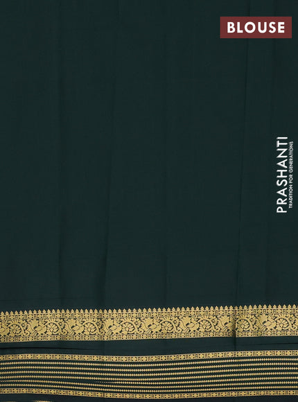 Semi kanchipuram silk saree tomato pink and bottle green with allover zari woven buttas and zari woven korvai border