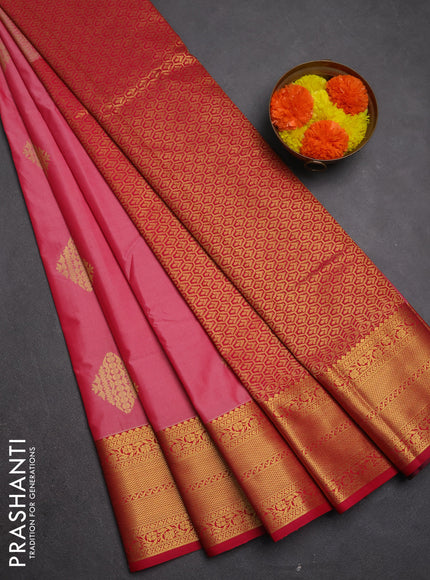 Semi kanchipuram silk saree pink shade and maroon with zari woven buttas and zari woven border