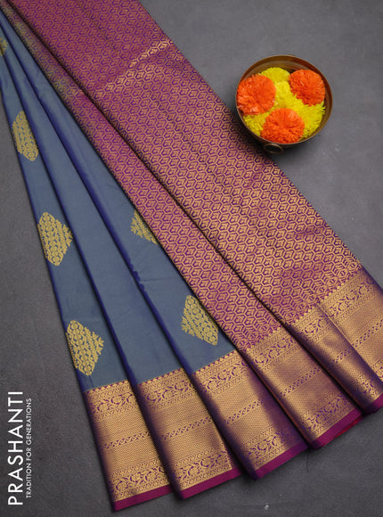 Semi kanchipuram silk saree grey and magenta pink with zari woven buttas and zari woven border