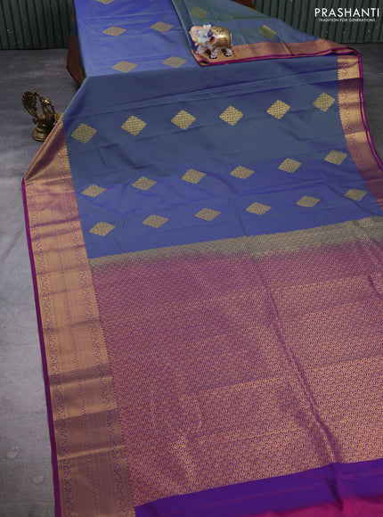 Semi kanchipuram silk saree grey and magenta pink with zari woven buttas and zari woven border