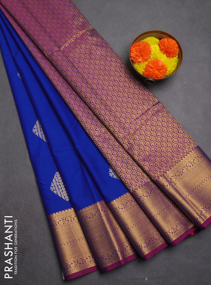 Semi kanchipuram silk saree blue and magenta pink with zari woven buttas and zari woven border