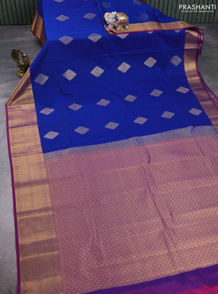 Semi kanchipuram silk saree blue and magenta pink with zari woven buttas and zari woven border