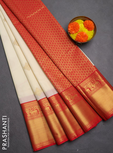 Semi kanchipuram silk saree cream and red with zari woven buttas and long zari woven border