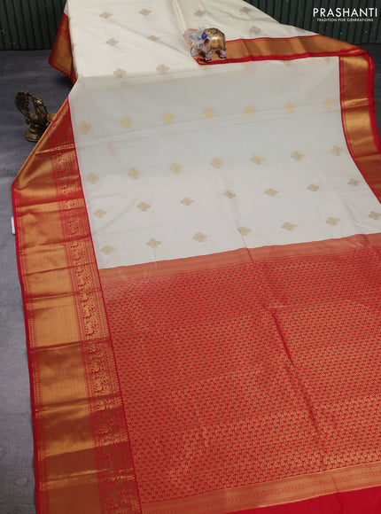Semi kanchipuram silk saree cream and red with zari woven buttas and long zari woven border