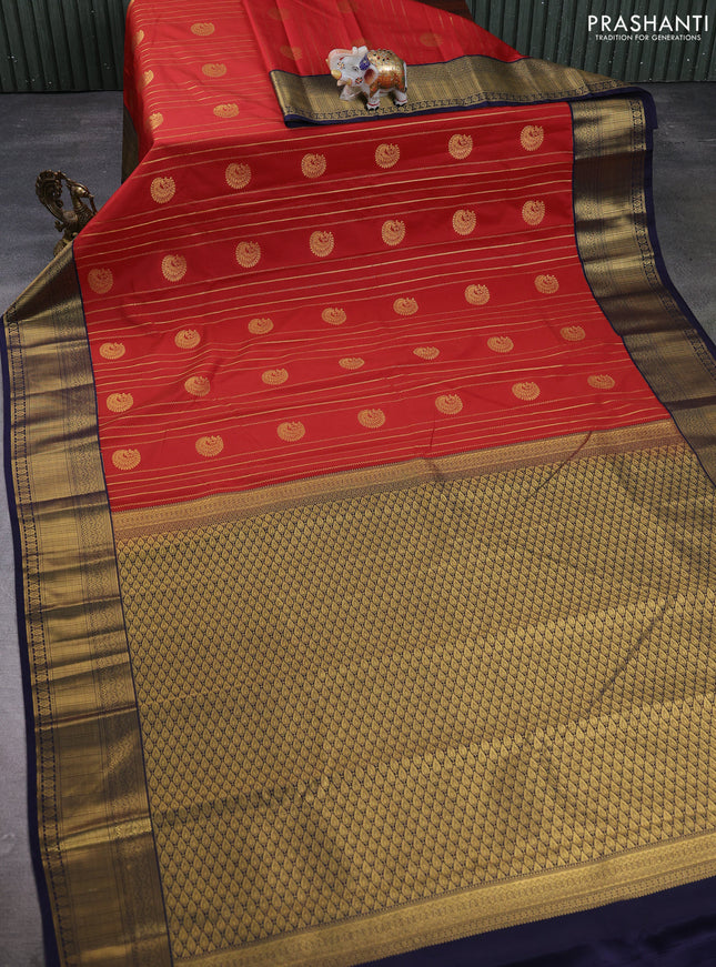 Semi kanchipuram silk saree maroon and navy blue with allover zari weaves & buttas and zari woven border