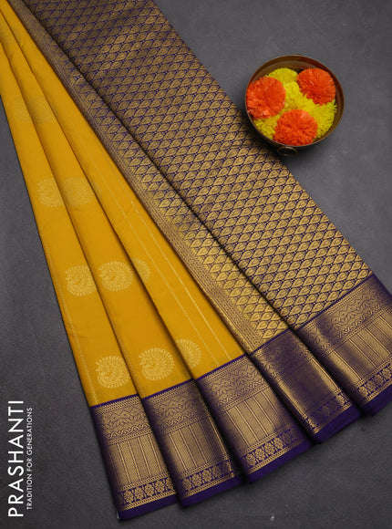 Semi kanchipuram silk saree mustard yellow and blue with allover zari weaves & buttas and zari woven korvai border