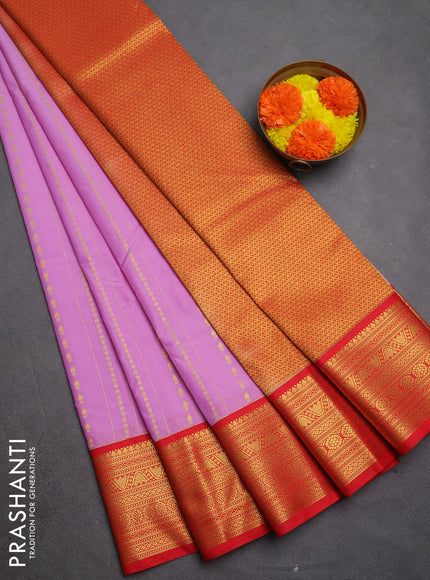 Semi kanchipuram silk saree lavender and red with allover zari weaves & buttas and zari woven korvai border