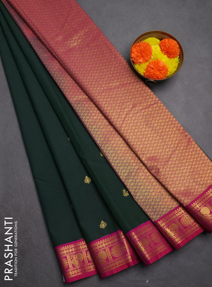 Semi kanchipuram silk saree bottle green and pink with zari woven buttas and zari woven border