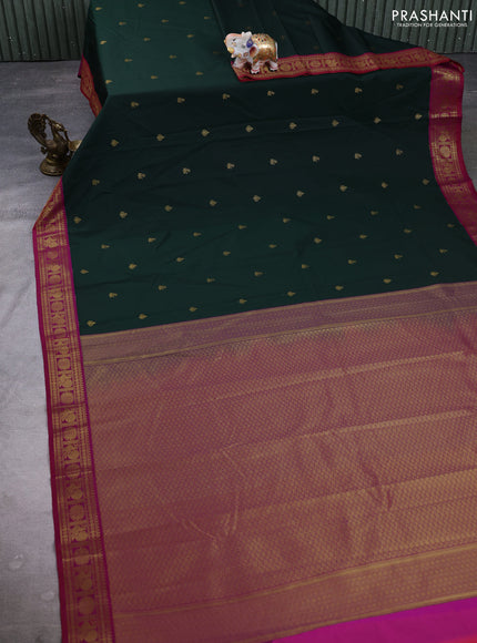 Semi kanchipuram silk saree bottle green and pink with zari woven buttas and zari woven border