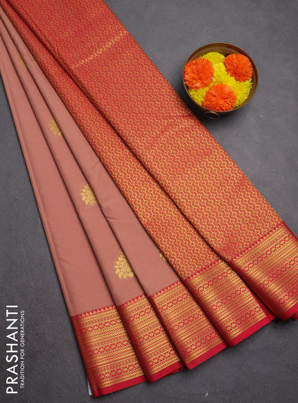Semi kanchipuram silk saree dark peach and red with zari woven buttas and zari woven border