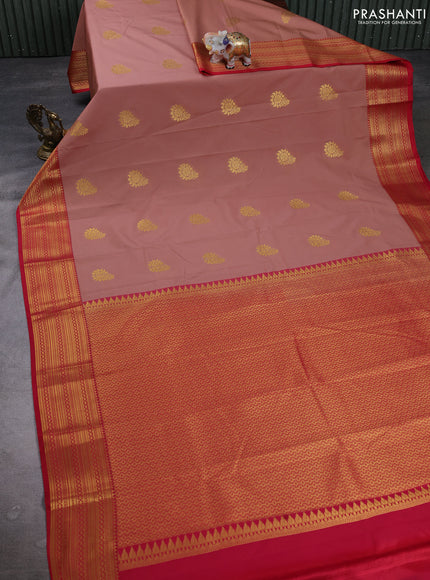 Semi kanchipuram silk saree dark peach and red with zari woven buttas and zari woven border