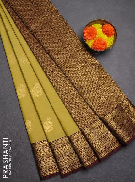 Semi kanchipuram silk saree elaichi green and coffee brown with zari woven buttas and long zari woven border