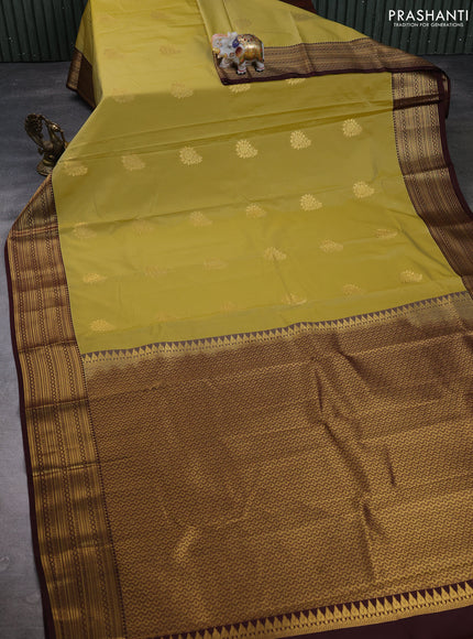 Semi kanchipuram silk saree elaichi green and coffee brown with zari woven buttas and long zari woven border