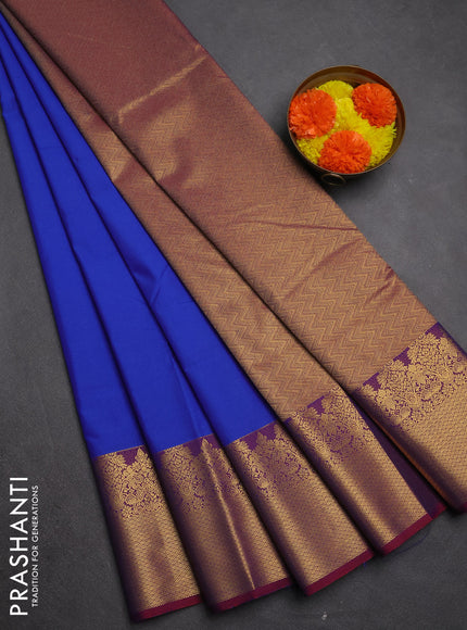 Semi kanchipuram silk saree blue and maroon with zari woven buttas and long zari woven border
