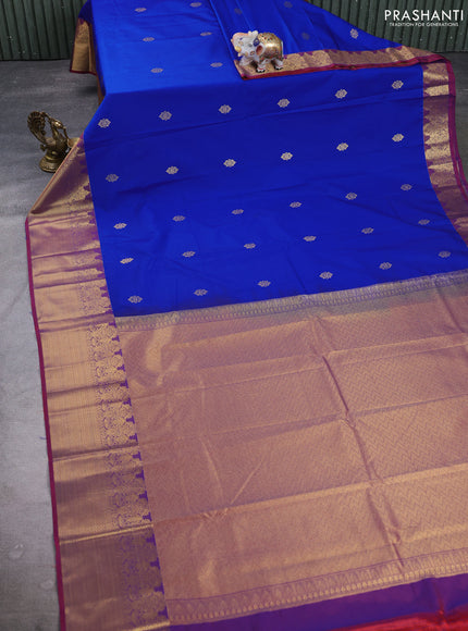 Semi kanchipuram silk saree blue and maroon with zari woven buttas and long zari woven border