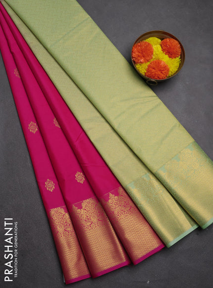 Semi kanchipuram silk saree pink and pista green with zari woven buttas and long zari woven border