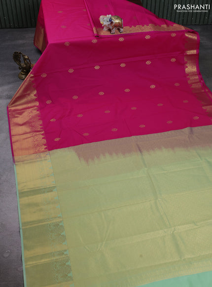 Semi kanchipuram silk saree pink and pista green with zari woven buttas and long zari woven border