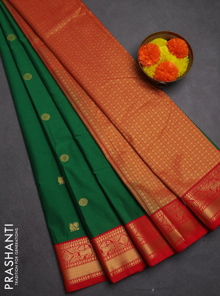 Semi kanchipuram silk saree green and red with zari woven buttas and zari woven korvai border