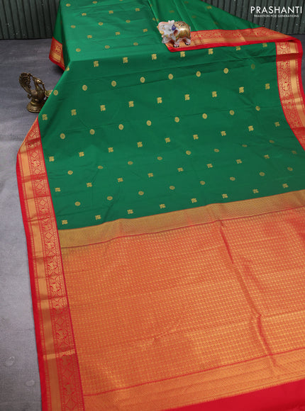 Semi kanchipuram silk saree green and red with zari woven buttas and zari woven korvai border