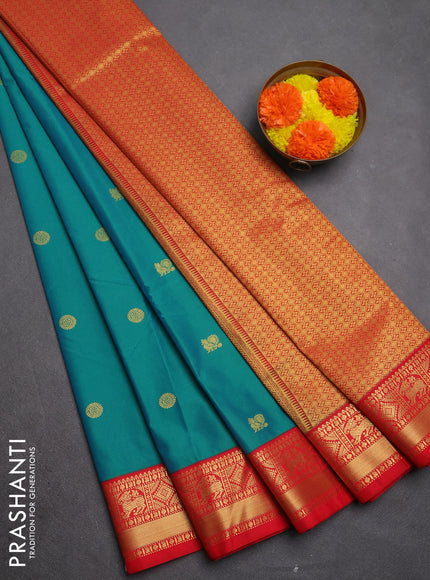 Semi kanchipuram silk saree green and red with zari woven buttas and zari woven korvai border