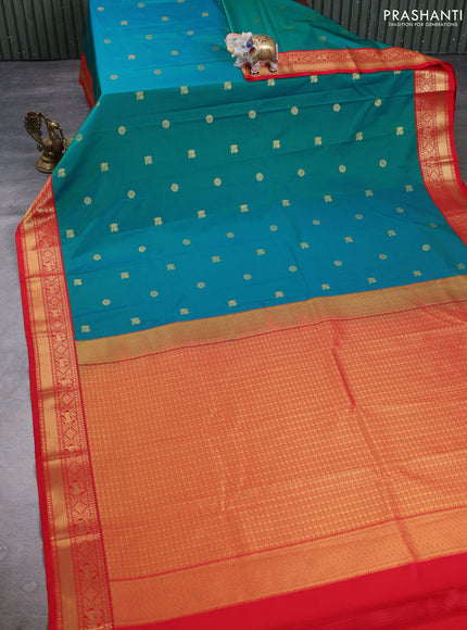 Semi kanchipuram silk saree green and red with zari woven buttas and zari woven korvai border