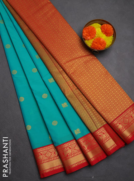 Semi kanchipuram silk saree teal green and red with zari woven buttas and zari woven korvai border