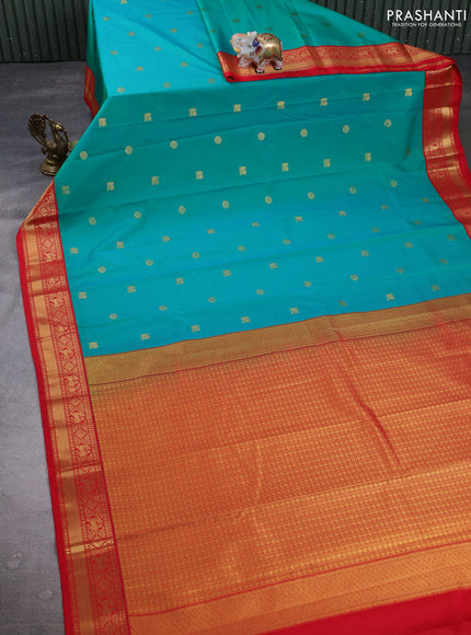 Semi kanchipuram silk saree teal green and red with zari woven buttas and zari woven korvai border