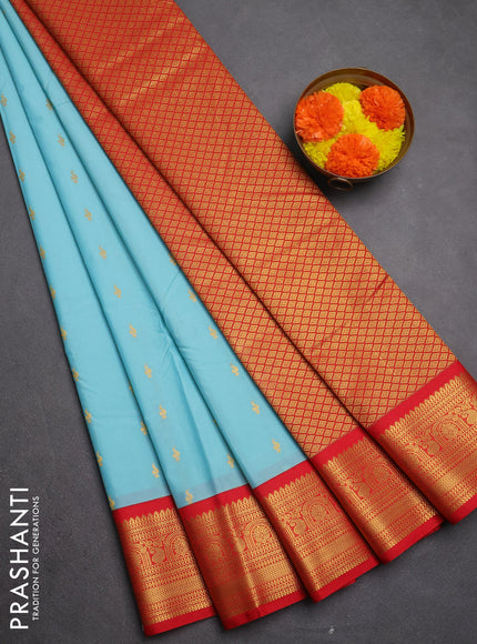 Semi kanchipuram silk saree teal blue and red with allover zari woven border and zari woven border