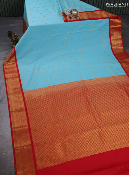 Semi kanchipuram silk saree teal blue and red with allover zari woven border and zari woven border